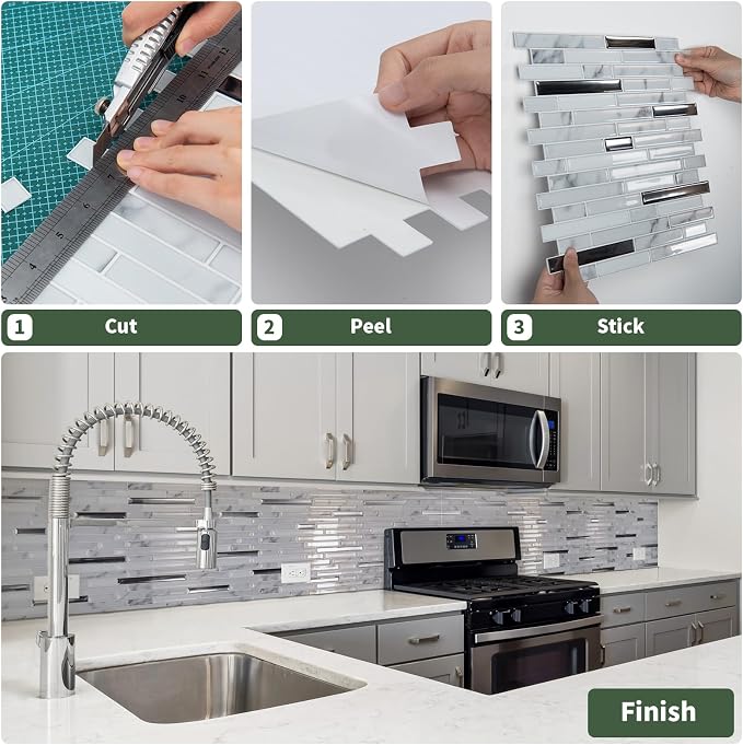 LONGKING 10-Sheet Extra Thick Peel and Stick Backsplash Tiles, Waterproof Kitchen Backsplash Peel and Stick Tile, Self-Adhesive Backsplash for Kitchen, Gray Marble | Peel and stick backsplash, self-adhesive wall tile, Gray Marble, extra thick, waterpro...