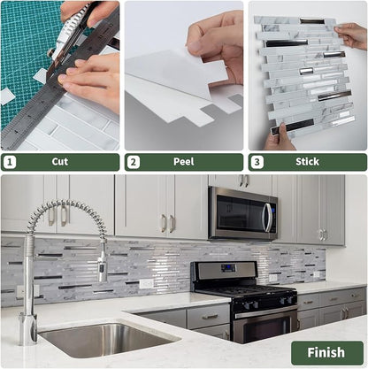 LONGKING 10-Sheet Extra Thick Peel and Stick Backsplash Tiles, Waterproof Kitchen Backsplash Peel and Stick Tile, Self-Adhesive Backsplash for Kitchen, Gray Marble | Peel and stick backsplash, self-adhesive wall tile, Gray Marble, extra thick, waterpro...