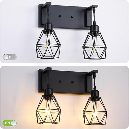 Somniferous Farmhouse Bathroom Light Fixtures, 2 Light Bathroom Vanity Light Over Mirror, Black Bathroom Light with Caged Metal Shade, Rustic Wall Sconce for Bedroom, Living Room, Hallway, E26 Socket