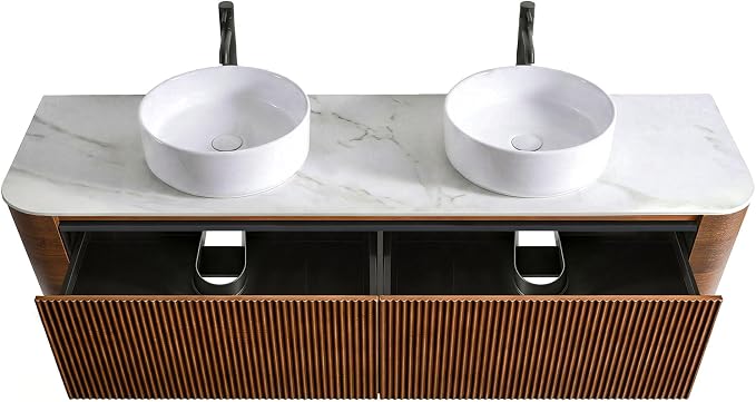 72" Preassembled Double Floating Bathroom Vanity with Round Sink, Walnut | Mid-Century Modern Style, Fluted & Soft-Close Drawer with U-shaped Wall, Sinterted Stone Countertop, Towel Rack Included