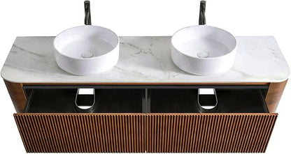 72" Preassembled Double Floating Bathroom Vanity with Round Sink, Walnut | Mid-Century Modern Style, Fluted & Soft-Close Drawer with U-shaped Wall, Sinterted Stone Countertop, Towel Rack Included