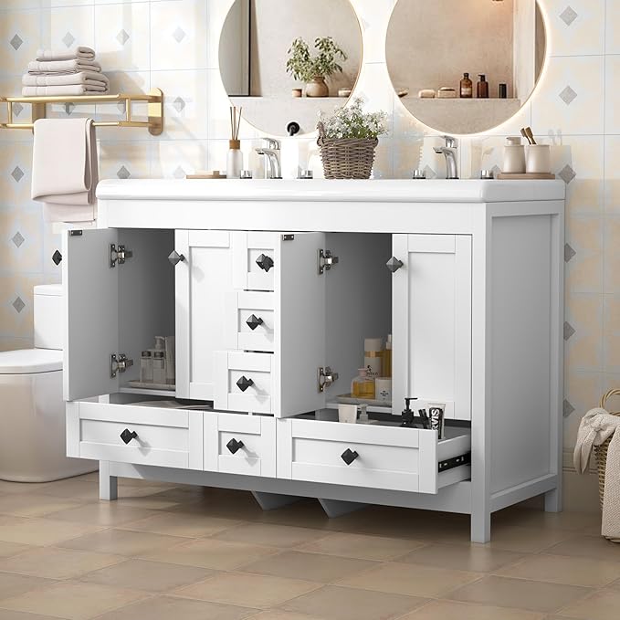 46.7 inch Bathroom Sink Vanity Combo, Large Freestanding Double Bath Vanity Sink Set with 2 Cabinets & 6 Drawers, Dual Basin Modern Bathroom Storage Cabinet, Modern White