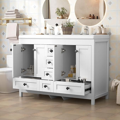 46.7 inch Bathroom Sink Vanity Combo, Large Freestanding Double Bath Vanity Sink Set with 2 Cabinets & 6 Drawers, Dual Basin Modern Bathroom Storage Cabinet, Modern White