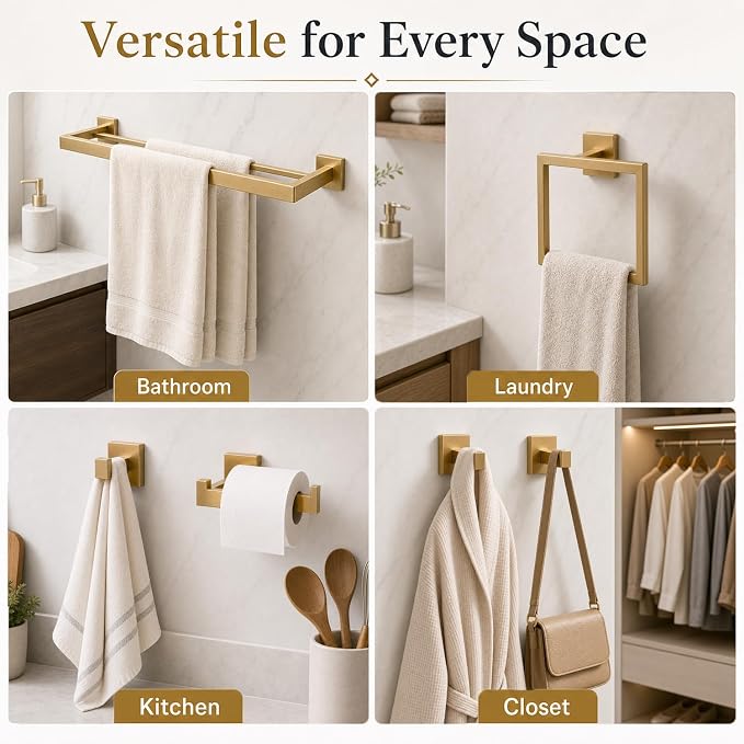 Luxury 5-Piece Bathroom Hardware Set, 23.6" Double Towel Bar & Wall Mounted Bathroom Accessories Set, SUS304 Stainless Steel Solid Metal Construction, Modern Square Design, Brushed Gold