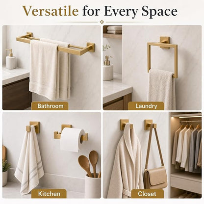Luxury 5-Piece Bathroom Hardware Set, 23.6" Double Towel Bar & Wall Mounted Bathroom Accessories Set, SUS304 Stainless Steel Solid Metal Construction, Modern Square Design, Brushed Gold