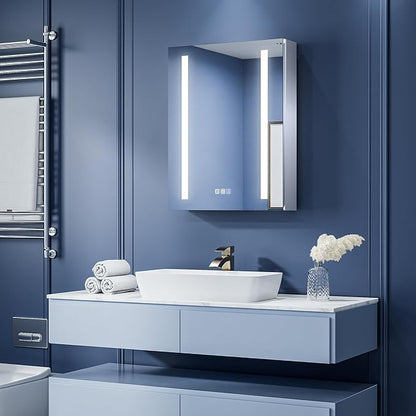 ExBrite LED Lighted Bathroom Medicine Cabinet with Mirror, 20 x 26 Inch, Recessed or Surface Mount, Anti-Fog, Stepless Dimming, Color Temperature Adjustment, 2 Outlets, Storage Shelves, Right Hinge