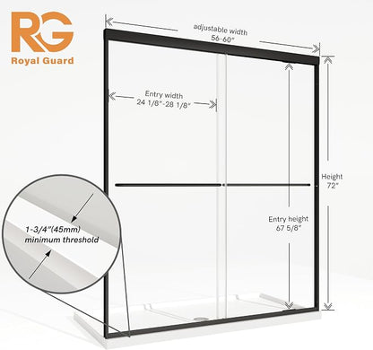 Royal Guard Double Sliding Shower Door 56-60" W x 72" H,Matte Black | 6mm SGCC Tempered Glass,Nano Coating Easy Clean,Walk-in Shower Use,Reversible Installation&Waterproof
