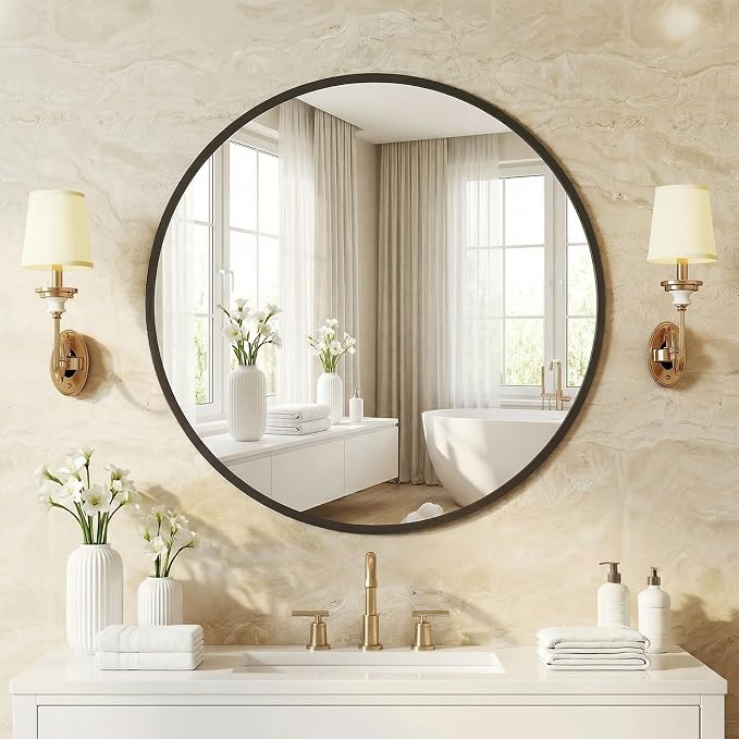 NEWBULIG 20 Inch Round Wall Mirror, Bathroom Mirrors for Over Sink | Metal Framed Circle Vanity Mirror, Wall Decor for Bedroom, Entryway, Anti-Rust, Tempered Glass, Hanging or Leaning, Black