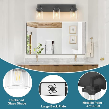 Matte Black Bathroom Light Fixtures, Modern Vanity Lights with Clear Glass Lamp Shade, Bathroom Lighting Fixtures Over Mirror, Restroom Vanity Lighting Fixture, 3-Light 22 Inch