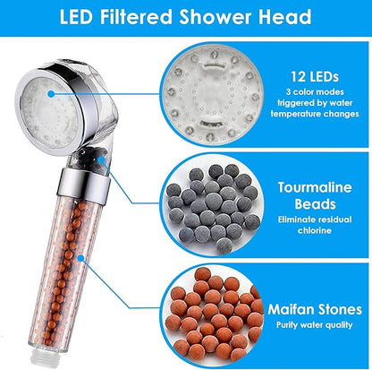 Vacto Temperature Controlled 3-color Changing Shower Head Kit, Water Saving Showerheads with Filtration Beads, LED High Pressure Handheld Shower Head Set (No Hose and Bracket)