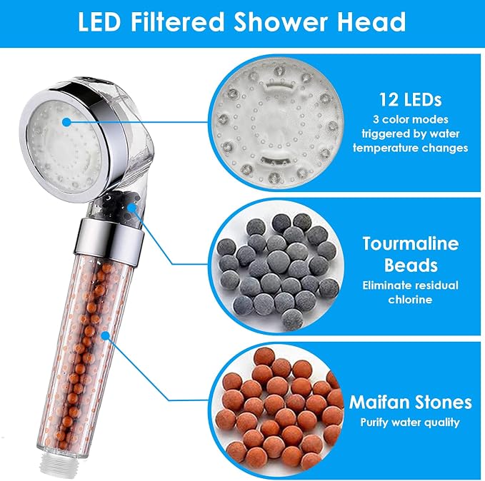 Vacto Temperature Controlled 3-color Changing Shower Head Kit, Water Saving Showerheads with Filtration Beads, LED High Pressure Handheld Shower Head Set with Hose and Bracket