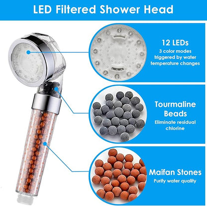 Vacto Temperature Controlled 3-color Changing Shower Head Kit, Water Saving Showerheads with Filtration Beads, LED High Pressure Handheld Shower Head Set with Hose and Bracket