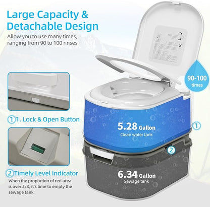 YITAHOME Portable Toilet 6.34 Gallon Camping Porta Potty with Paper | Leak-Proof Outdoor RV Porta Potty with Level Indicator, Rotating Spout, for Boating, Hiking, Trips, White