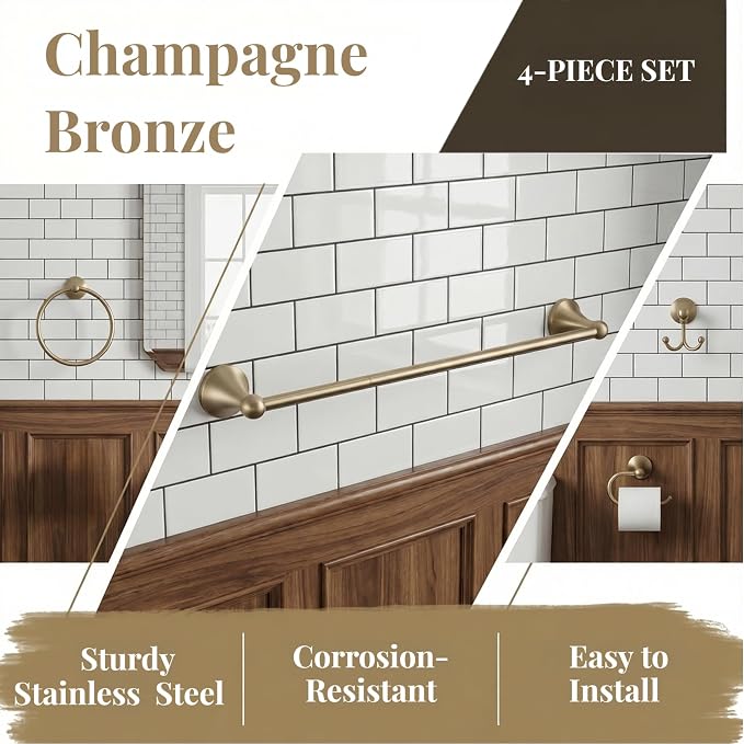 4 Piece Gold Bathroom Hardware Set - Brushed Gold Bathroom Accessories, 23.6 Inch Towel Bar | Towel Hook | Toilet Paper Holder | Hand Towel Holder (Champagne Bronze)