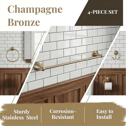 4 Piece Gold Bathroom Hardware Set - Brushed Gold Bathroom Accessories, 23.6 Inch Towel Bar | Towel Hook | Toilet Paper Holder | Hand Towel Holder (Champagne Bronze)