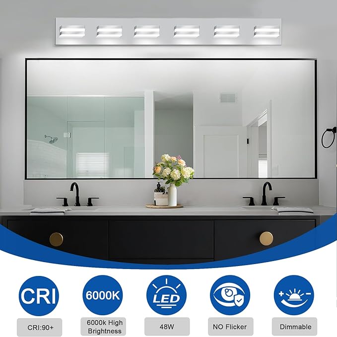 IZORRO LED Modern Bathroom Lights Fixtures(6-Light,Dimmable),Chrome Acrylic Wall Lighting,Vanity Lights for Bathroom Over Mirror - 6000k 36In （No Assembly Required）