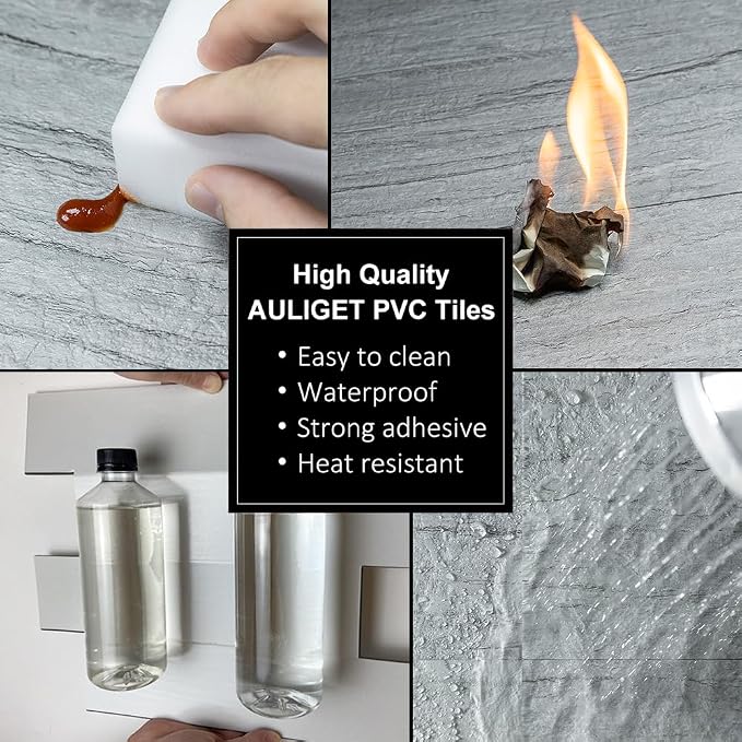 AULIGET 2-Piece Grey Shale Peel and Stick Backsplash Wall Tiles, 6" x 12" PVC Faux Stone Stick on Tiles for Backsplash Kitchen, Bathroom, Laundry Room, Camper, Fireplace