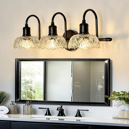 UOFUS 3-Light Black Vanity Light Farmhouse Bathroom Lighting Fixtures | Over Mirror with Clear Glass Shade