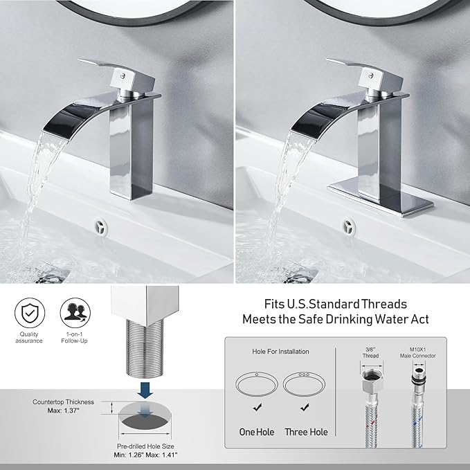 Chrome Bathroom Faucet Waterfall Single Handle Bathroom Sink Faucet with Metal Pop-up Drain, Bathroom Faucet One Hole or 3 Hole with Deck Plate