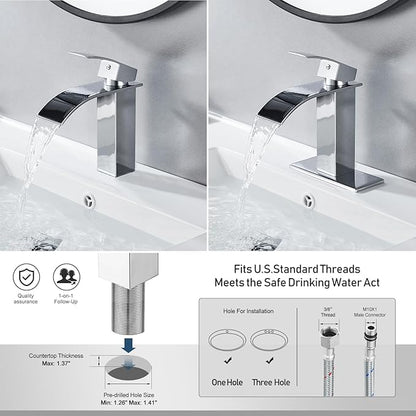 Chrome Bathroom Faucet Waterfall Single Handle Bathroom Sink Faucet with Metal Pop-up Drain, Bathroom Faucet One Hole or 3 Hole with Deck Plate
