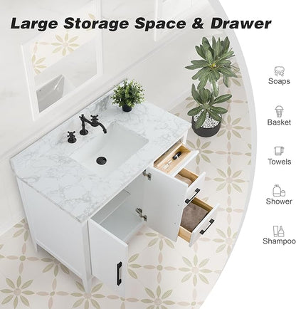 HomeBeyond 42 Inch Bathroom Vanity with Sink & Ceramic Top, Single Vanity Cabinet with Basin, Soft-Closing Doors & Matte Black Hardware, White