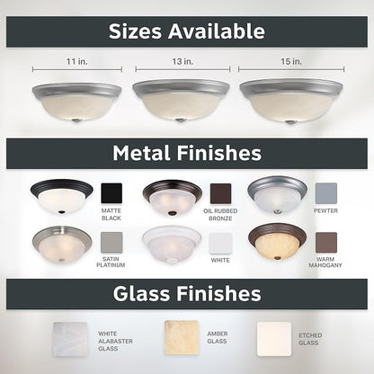 DESIGNERS FOUNTAIN Reedley 2-Lights Flush Mount Ceiling Light, 11 Inch Lighting Fixture for Kitchen, Bedroom, Bathroom, and Hallway, White Alabaster Glass, Pewter, 1257S-PW-AL