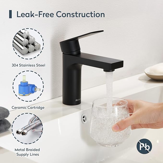 Matte Black Single Hole Bathroom Faucet, 1 Handle Bathroom Vanity Sink Faucet with Metal Pop-Up Drain & PEX Supply Lines & Deck Plate for 1 or 3 Hole, Black