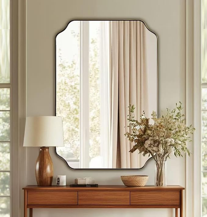 Brushed Gold Scalloped Bathroom Mirror, 26"x38" Rectangle Mirror | Rustproof Stainless Steel Frame, Anti-Corrosion HD Glass, Unique Notched Corners, Horizontal or Vertical, Ideal for Bathroom