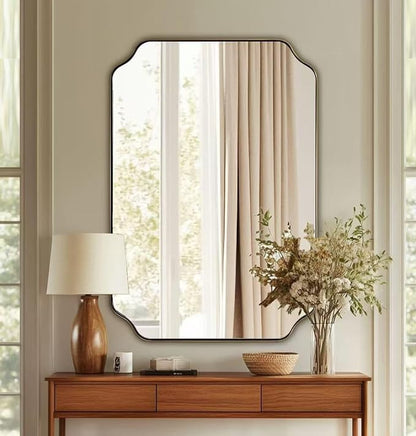 Brushed Gold Scalloped Bathroom Mirror, 26"x38" Rectangle Mirror | Rustproof Stainless Steel Frame, Anti-Corrosion HD Glass, Unique Notched Corners, Horizontal or Vertical, Ideal for Bathroom