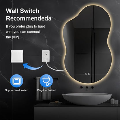 48"x30" Irregular LED Lighted Vanity Mirror for Bathroom, Backlit Only, Anti-Fog, 3-Color Dimmable Lighting, Wall Mount [Horizontal/Vertical]