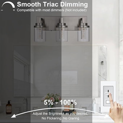 MELUCEE 3 Light Modern LED Bathroom Vanity Light Bar Brushed Nickel | Bubble Crystal Vanity Lights Over Mirror Bath Wall Light Fixture with Clear Glass Shade,5CCT Adjustable