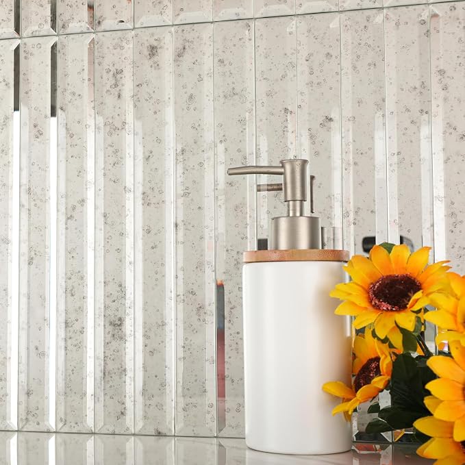 Peel and Stick Mirror Backsplash Tile, Light Antique, 11.8 x 11.8 Inch, Beveled Mirror Strip Tile for Kitchen Bathroom Bar Accent Wall, Pack of 5 Sheets