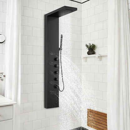 Matte Black Bathroom Shower Tower, 304 Stainless Steel Shower Panel Tower System with Rainfall Shower Head 4 Rain Massage Body Jets for Home Hotel Resort Bathroom Lavatory