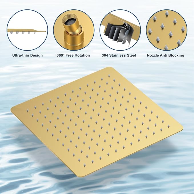 Brushed Gold Shower System with Tub Spout, Ceiling Mounted Bathtub Shower Faucet Set, 12" Rainfall Shower Head and Handheld Shower Combo, High Pressure Shower Fixtures Set with Rough-in Valve