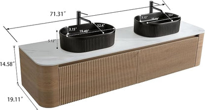 72" Preassembled Double Floating Bathroom Vanity with Black Sink, Oak | Mid-Century Modern Style, Fluted & Soft-Close Drawer with U-shaped Wall, Sinterted Stone Countertop, Towel Rack Included
