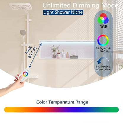 RGB LED Light Shower Niche, White 36X12 in Stainless Steel Built-in Storage with Remote Control, Waterproof No Tile Needed Wall Niche for Bathroom Storage Built-in Installation