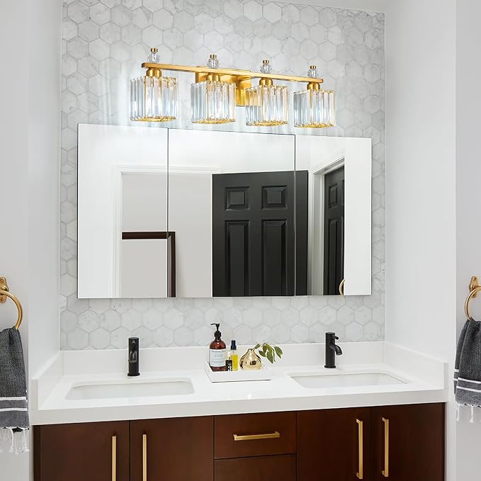 Vanity Lights 4-Light Modern Crystal Vanity Light Gold Bathroom Light Fixtures Over Mirror Crystal Bathroom Vanity Lighting Fixtures