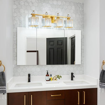 Vanity Lights 4-Light Modern Crystal Vanity Light Gold Bathroom Light Fixtures Over Mirror Crystal Bathroom Vanity Lighting Fixtures
