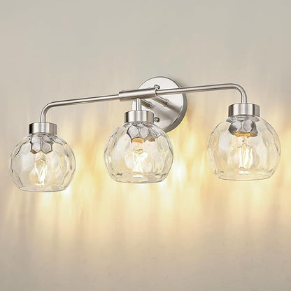 zeyu Brushed Nickel Bathroom Light Fixtures, 23 Inch 3-Light Modern Vanity Light Over Mirror with Water Ripple Globe Glass, Brushed Nickel Finish, ZS62BG-3W BN-WG