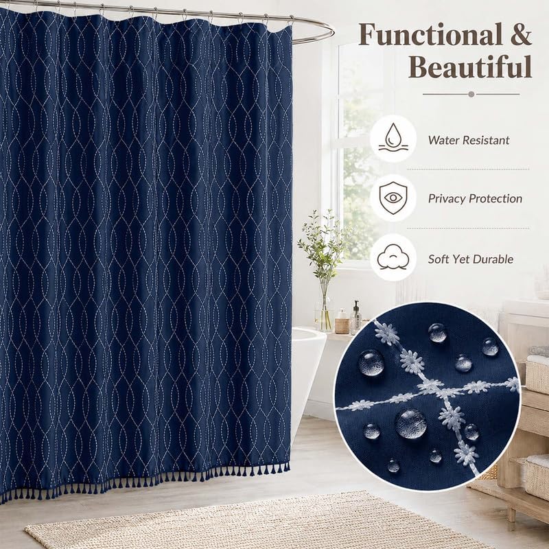 OVZME Extra Long Navy Blue Shower Curtain 96 Inch Long, Puff Printed Textured Shower Curtain with Tassels, Tall Farmhouse Geometry Bathroom Curtain, Water Resistant Fabric, 72Wx96L Inches