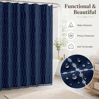 OVZME Extra Long Navy Blue Shower Curtain 84 Inch Long, Puff Printed Textured Shower Curtain with Tassels, Tall Farmhouse Geometry Bathroom Curtain, Water Resistant Fabric, 72Wx84L Inches