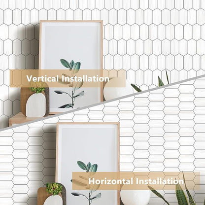 Vamos Tile Long Hexagon Peel and Stick Backsplash Tile - 10 Sheets Stick on Backsplash for Kitchen and Bathroom 12.4 x 12 Inch Dolomite Marble Look PVC Self Adhesive Mosaic Wall Tiles