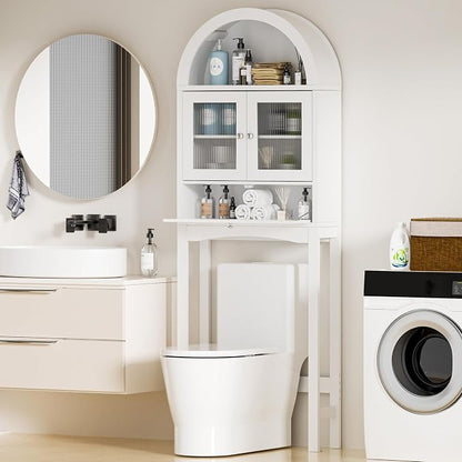 Spurgehom Over The Toilet Storage Cabinet with Glass Door (White) | Freestanding Bathroom Shelf Equipped with Anti-Tipping Device, Space-Saving Vertical Toiletries Storage Cabinet