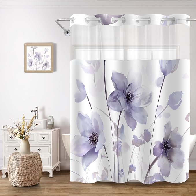 No Hook Shower Curtain and Liner Set, Purple Boho Floral 71x84 | Watercolor Boho Flower, with Snap in Liner, Waterproof, Machine Washable, Quick-Drying, for Hotel Bathroom