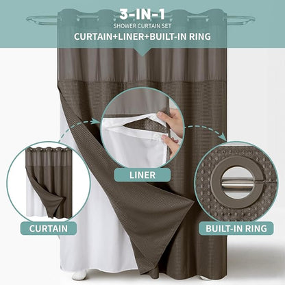 eachope No Hook Waffle Shower Curtain with Snap-in Liner, 71x74 Inch, Brown | 230 GSM waffle weave fabric, waterproof liner set with 2 bottom magnets, mesh top window, washable, for bathroom or hotel use