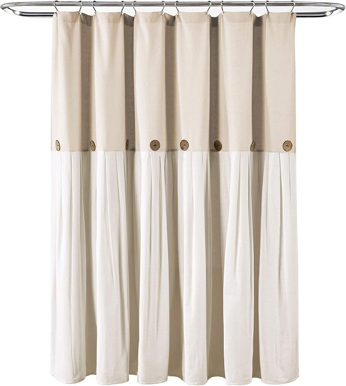 Lush Decor Linen Button Shower Curtain, 72" W x 84" L, Linen - Extra Long Shower Curtains - Neutral Shower Curtain Fabric - Farmhouse Bathroom Decor