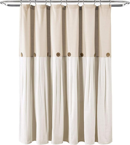 Lush Decor Linen Button Shower Curtain, 72" W x 84" L, Linen - Extra Long Shower Curtains - Neutral Shower Curtain Fabric - Farmhouse Bathroom Decor