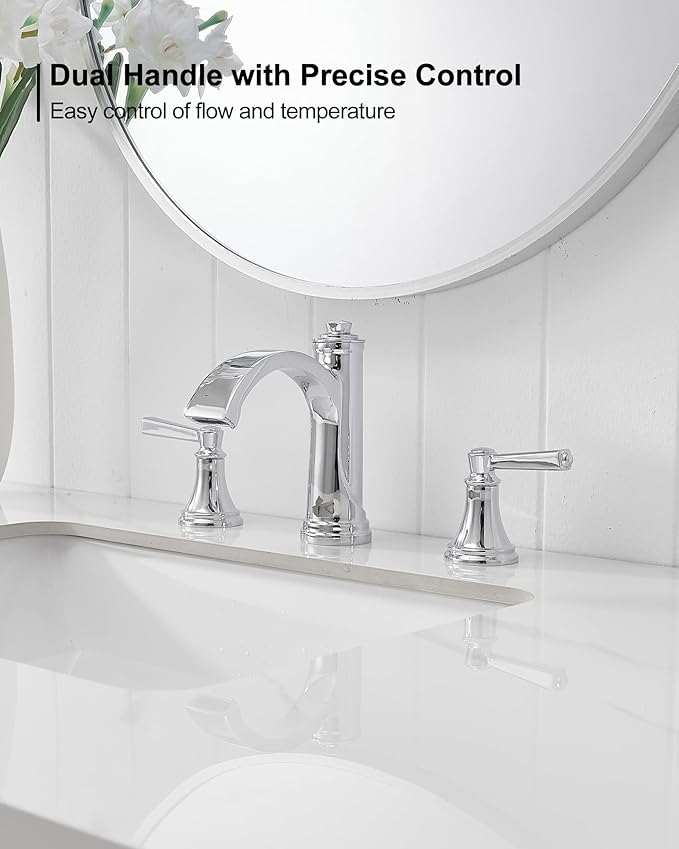 Waterfall Chrome Bathroom Faucet 3 Hole, Brass 4-16 Inch Widespread Bathroom Sink Faucet with Pop Up Drain, cUPC Supply Lines and 2 Handles for Vanity, Restroom, 10 Min Install