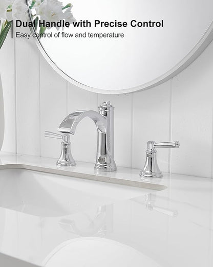 Waterfall Chrome Bathroom Faucet 3 Hole, Brass 4-16 Inch Widespread Bathroom Sink Faucet with Pop Up Drain, cUPC Supply Lines and 2 Handles for Vanity, Restroom, 10 Min Install