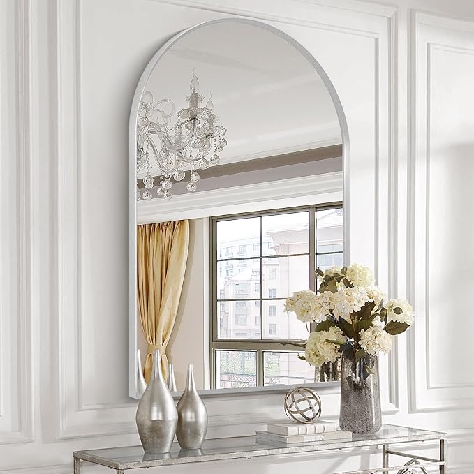 Silver Arched Mirror 28x36in, Metal Framed Bathroom Vanity Wall | Tempered Glass, Shatter Proof, Living Room Bedroom Entryway, Modern Elegant Design